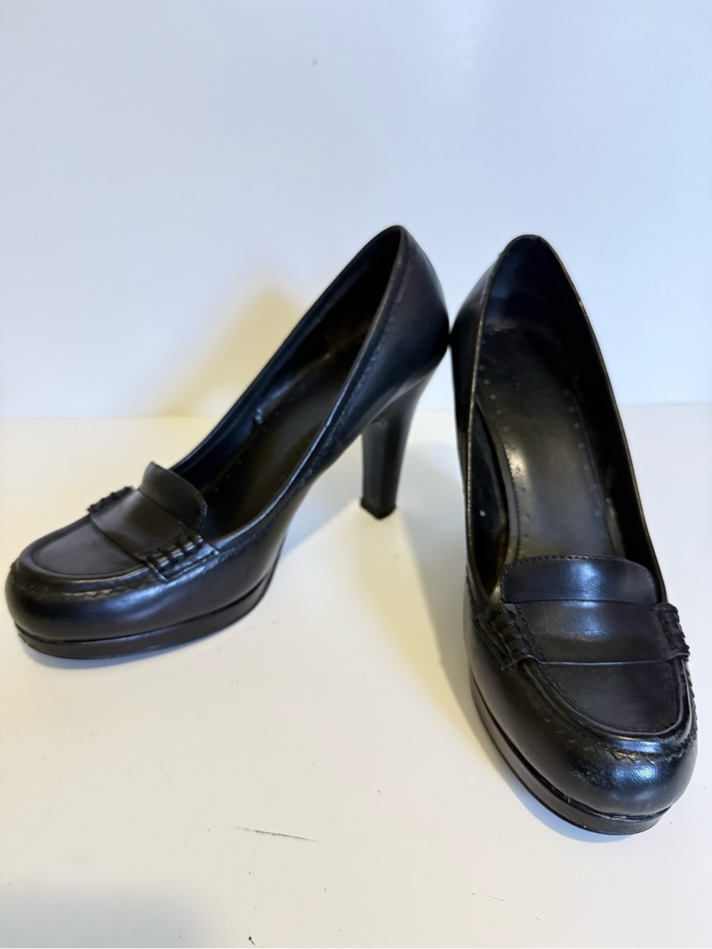 Black Leather High Heel Loafer Pumps
